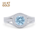 14K White Gold Art Deco Round Halo Split Shank Natural Aquamarine Bridal Ring