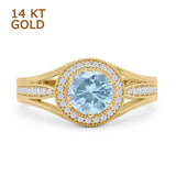 14K Yellow Gold Art Deco Round Halo Split Shank Natural Aquamarine Bridal Ring