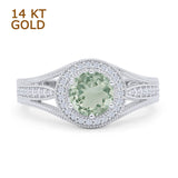 14K White Gold Art Deco Round Halo Split Shank Natural Green Amethyst Prasiolite Bridal Ring