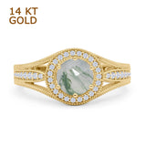 14K Yellow Gold Art Deco Round Halo Split Shank Natural Green Moss Agate Bridal Ring