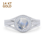 14K White Gold Art Deco Round Halo Split Shank Natural Moonstone Bridal Ring