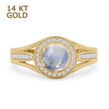 14K Yellow Gold Art Deco Round Halo Split Shank Natural Moonstone Bridal Ring