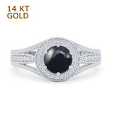 14K White Gold Art Deco Round Halo Split Shank Natural Black Onyx Bridal Ring