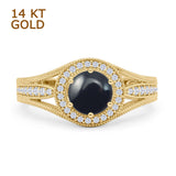 14K Yellow Gold Art Deco Round Halo Split Shank Natural Black Onyx Bridal Ring