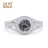 14K White Gold Art Deco Round Halo Split Shank Natural Rutilated Quartz Bridal Ring