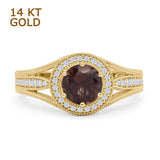 14K Yellow Gold Art Deco Round Halo Split Shank Natural Chocolate Smoky Quartz Bridal Ring