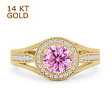 14K Yellow Gold Art Deco Round Halo Split Shank Pink CZ Bridal Ring