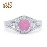 14K White Gold Art Deco Round Halo Split Shank Lab Created Pink Opal Bridal Ring