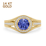 14K Yellow Gold Art Deco Round Halo Split Shank Tanzanite CZ Bridal Ring