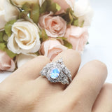 Oval Natural Stone Wedding Set Chevron Ring