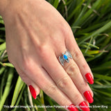Oval 16mm Lab Created Blue Opal Flying Bat Oxidized Ring 925 Sterling Silver