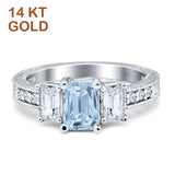 14K White Gold Three Stone Round & Emerald Cut Aquamarine CZ Milgrain Ring