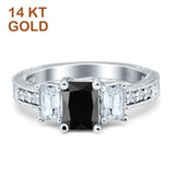 14K White Gold Three Stone Round & Emerald Cut Black CZ Milgrain Ring