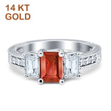 14K White Gold Three Stone Round & Emerald Cut Garnet CZ Milgrain Ring