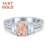 14K White Gold Three Stone Round & Emerald Cut Morganite CZ Milgrain Ring