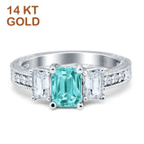 14K White Gold Three Stone Round & Emerald Cut Paraiba Tourmaline CZ Milgrain Ring