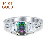 14K White Gold Three Stone Round & Emerald Cut Rainbow CZ Milgrain Ring