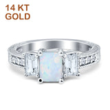 14K White Gold Three Stone Round & Emerald Cut Lab Created White Opal Milgrain Ring