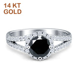 14K White Gold Art Deco Round Black CZ Halo Split Shank Ring