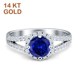 14K White Gold Three Stone Round Blue Sapphire CZ Ring