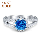 14K White Gold Three Stone Round Blue Topaz CZ Ring