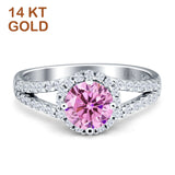 14K White Gold Three Stone Round Pink CZ Ring
