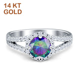 14K White Gold Art Deco Round Rainbow CZ Halo Split Shank Ring