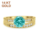 14K Yellow Gold Round Two Piece Paraiba Tourmaline CZ Bridal Ring