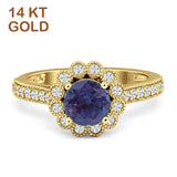 14K Yellow Gold Round Lab Alexandrite Vintage Style Flower Ring