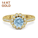 14K Yellow Gold Round Natural Aquamarine Vintage Style Flower Ring