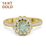 14K Yellow Gold Round Natural Green Amethyst Prasiolite Vintage Style Flower Ring