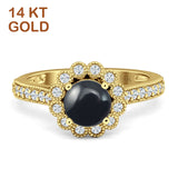 14K Yellow Gold Round Natural Black Onyx Vintage Style Flower Ring