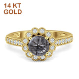 14K Yellow Gold Round Natural Rutilated Quartz Vintage Style Flower Ring