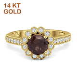 14K Yellow Gold Round Natural Chocolate Smoky Quartz Vintage Style Flower Ring