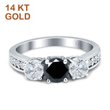 14K Yellow Gold Three Stone Round Black CZ Ring