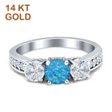 14K Yellow Gold Three Stone Round Lab Created Blue Opal Ring