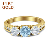 14K Yellow Gold Three Stone Round Natural Aquamarine Vintage Style Ring