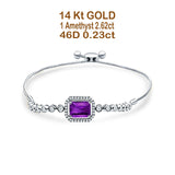 14K White Gold Emerald Cut Amethyst Adjustable Bolo Chain Bracelet Natural Diamond