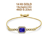 14K Yellow Gold Emerald Cut Blue Sapphire Adjustable Bolo Chain Bracelet Natural Diamond