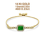 14K Yellow Gold Emerald Cut Green Emerald Adjustable Bolo Chain Bracelet Natural Diamond