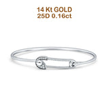14K Gold 7In Safety Pin Bangle Bracelet 2.02mm Round Natural Diamond
