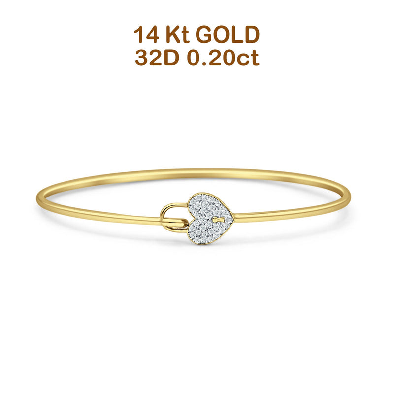 14K Gold 2.09mm Heart Lock Hook Bangle Bracelet Round Natural Diamond