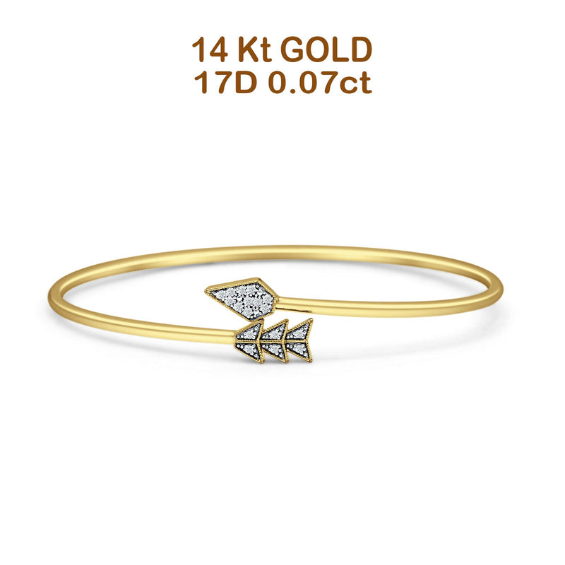 14K Gold Arrow Feather Cuff 2.06mm Adjustable Bangle Bracelet Natural Diamond