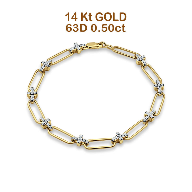 14K Gold Paperclip Style Cross Design Round Natural Diamond Bracelet