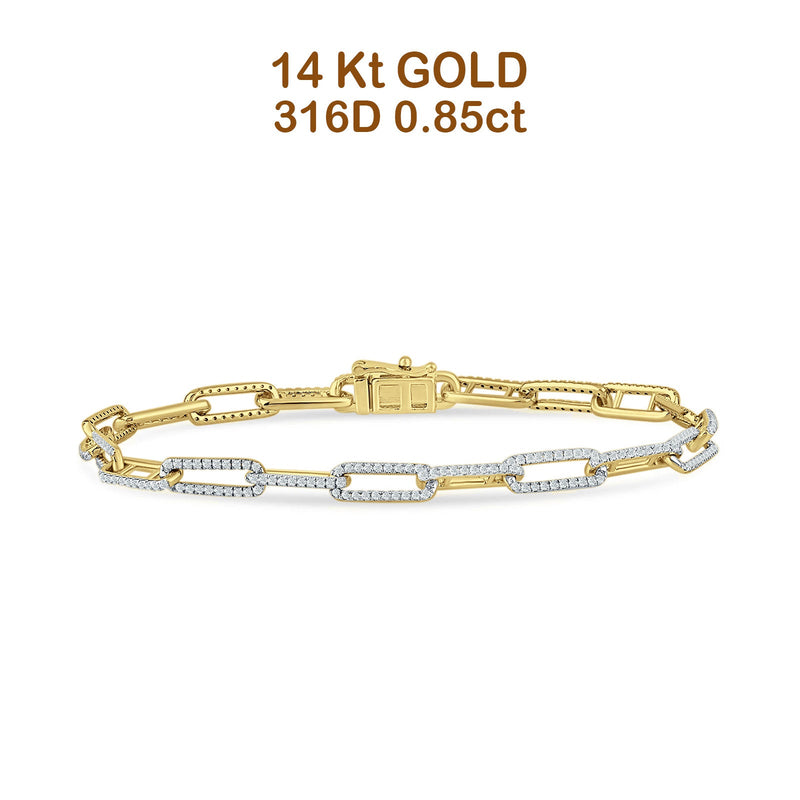 14K Gold 7" Paperclip Link Chain 4mm Round Natural Diamond Bracelet