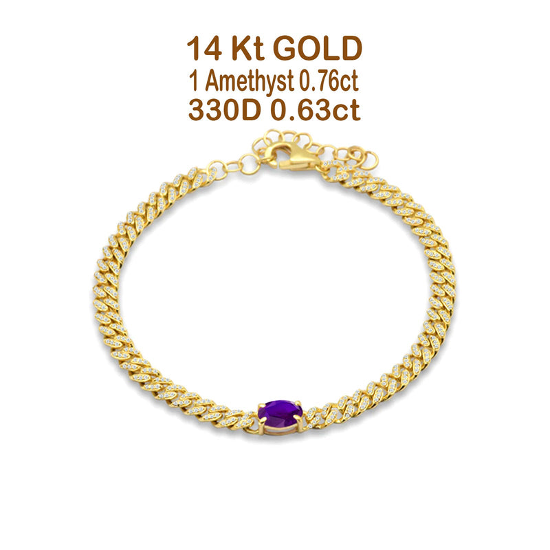 14K Yellow Gold Oval Amethyst Cluster Natural Diamond Cuban Link Chain Bracelet