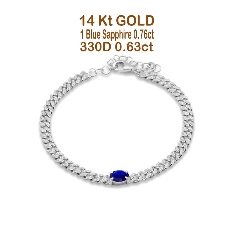 14K White Gold Oval Blue Sapphire Cluster Natural Diamond Cuban Link Chain Bracelet