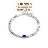 14K White Gold Oval Blue Sapphire Cluster Natural Diamond Cuban Link Chain Bracelet