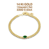 14K Yellow Gold Oval Green Emerald Cluster Natural Diamond Cuban Link Chain Bracelet