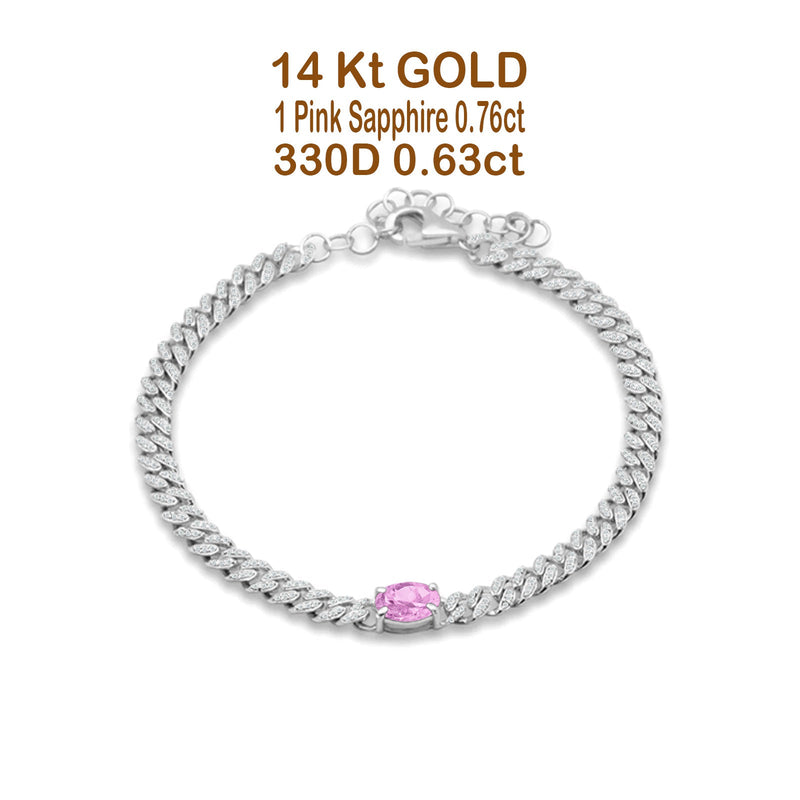 14K White Gold Oval Pink Sapphire Cluster Natural Diamond Cuban Link Chain Bracelet
